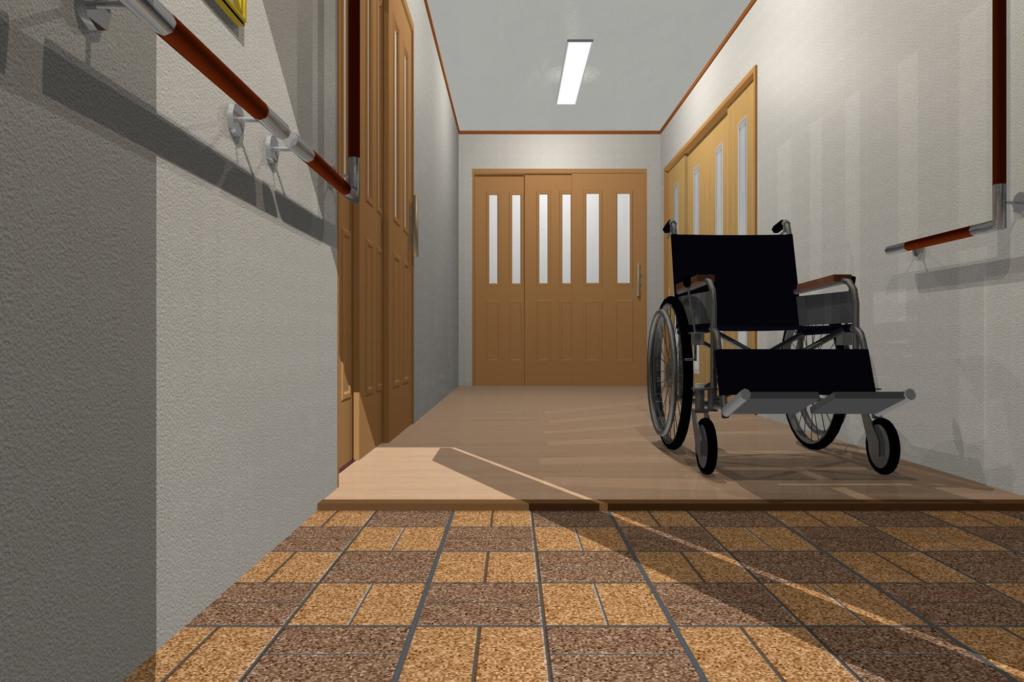 グリーン住宅ポイント制度で廊下を拡大するイメージと車椅子